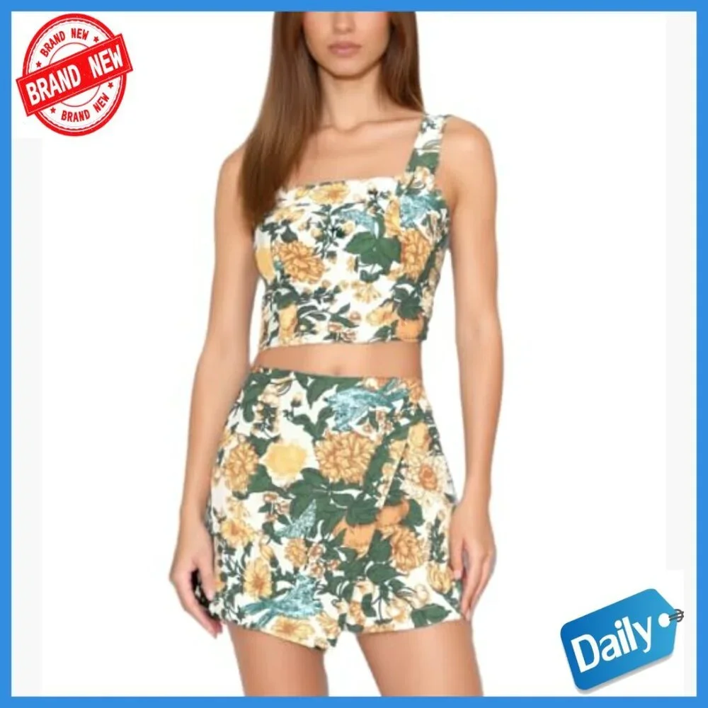 Floral Two Piece Skirt Set Sleeveless Crop Top Mini Skirt Polyester Spandex